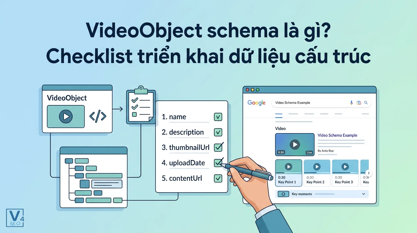 Quy trình triển khai VideoObject schema với các thuộc tính bắt buộc để hiển thị rich snippet video trên Google.