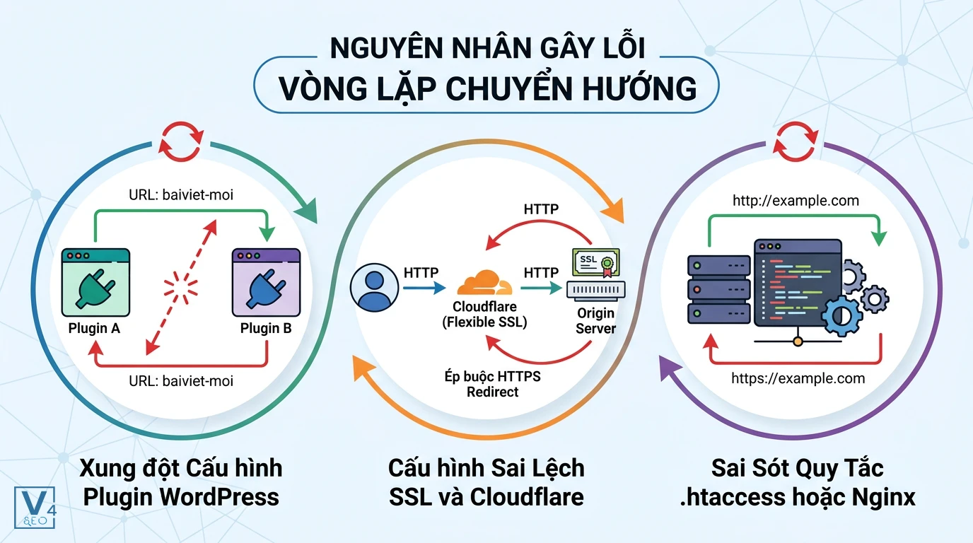 nguyen-nhan-loi-vong-lap-chuyen-huong Sơ đồ giải thích ba nguyên nhân phổ biến gây ra lỗi vòng lặp chuyển hướng trên website.