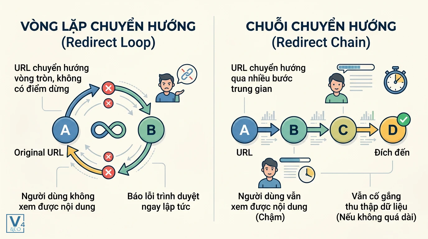 so-sanh-redirect-loop-va-redirect-chain So sánh cơ chế hoạt động của vòng lặp chuyển hướng vô hạn và chuỗi chuyển hướng nhiều bước trung gian.