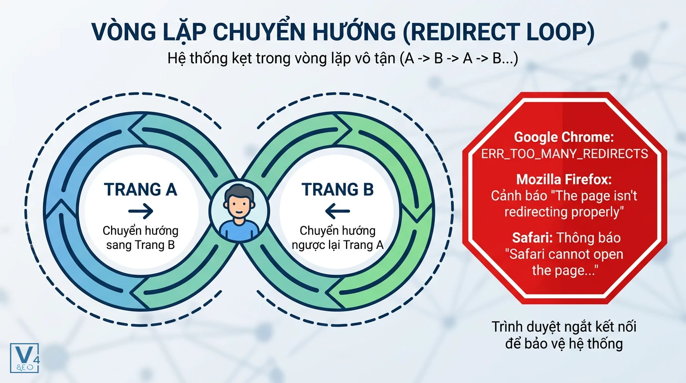 co-che-vong-lap-chuyen-huong Sơ đồ mô tả cơ chế vòng lặp chuyển hướng giữa hai trang web gây ra lỗi tải trang trên các trình duyệt.