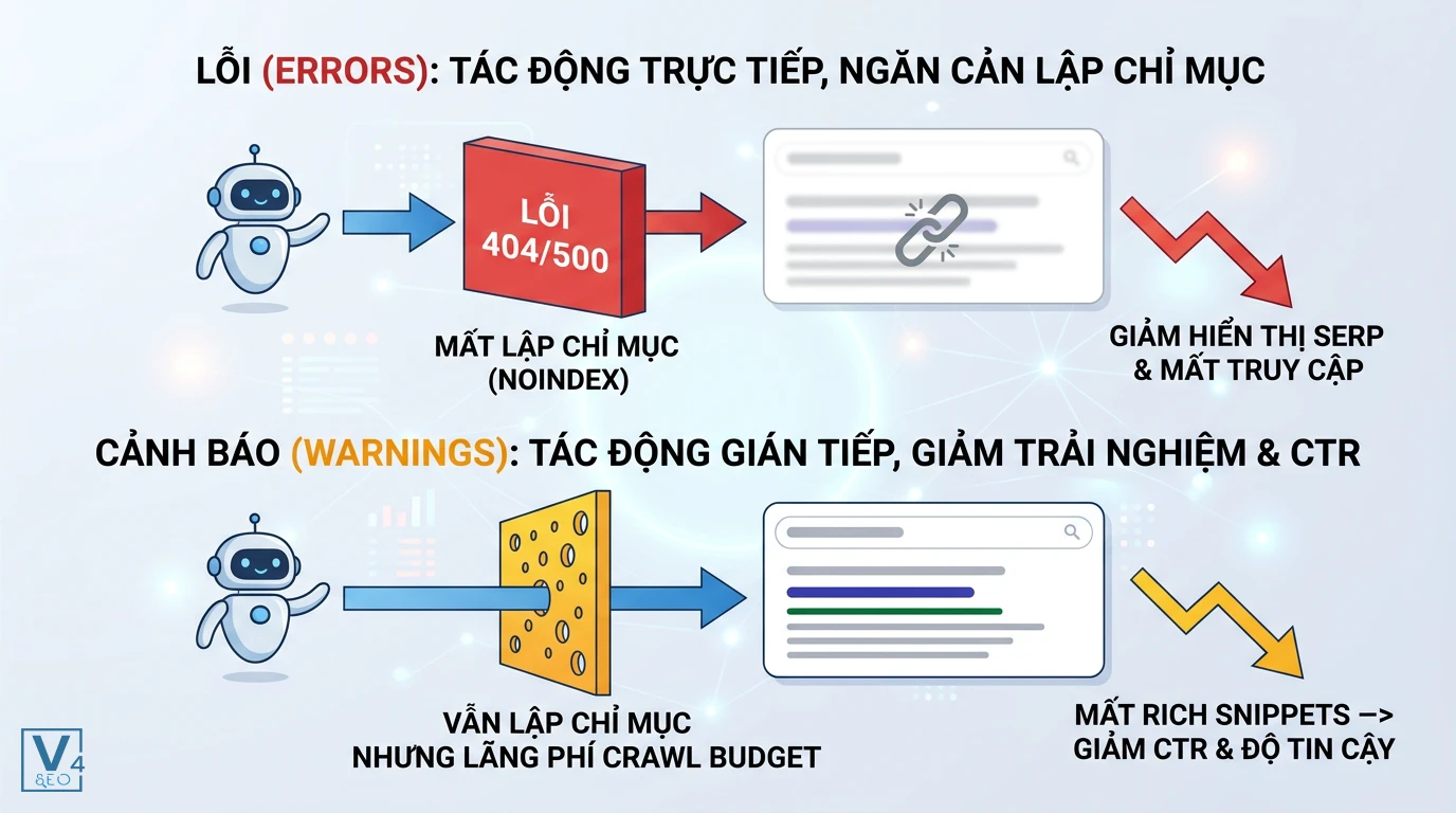 tac-dong-warning-vs-error-seo So sánh tác động của warning vs error đến khả năng lập chỉ mục và hiển thị rich snippets trên kết quả tìm kiếm.