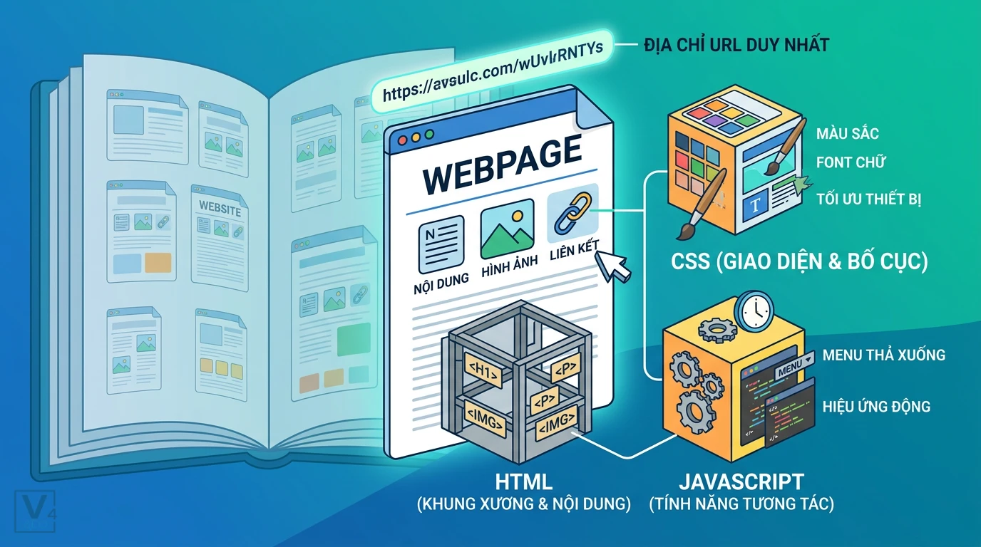 Thành phần cấu tạo nên một WebPage Cấu tạo cơ bản của một WebPage gồm HTML, CSS, JavaScript và vai trò như một trang sách có địa chỉ URL duy nhất.