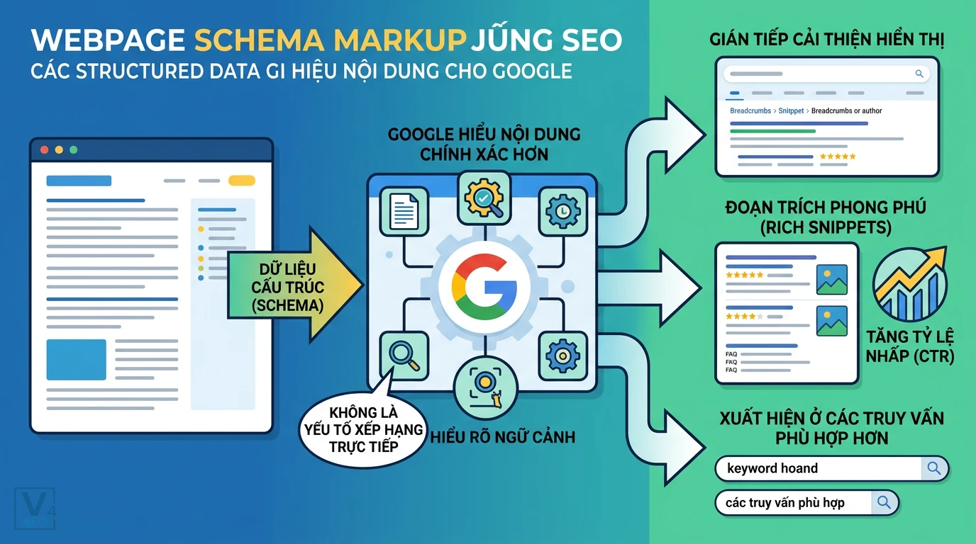 vai-tro-schema-webpage-trong-seo Sơ đồ giải thích cách Schema WebPage gián tiếp cải thiện thứ hạng và CTR thông qua việc giúp Google hiểu rõ ngữ cảnh.