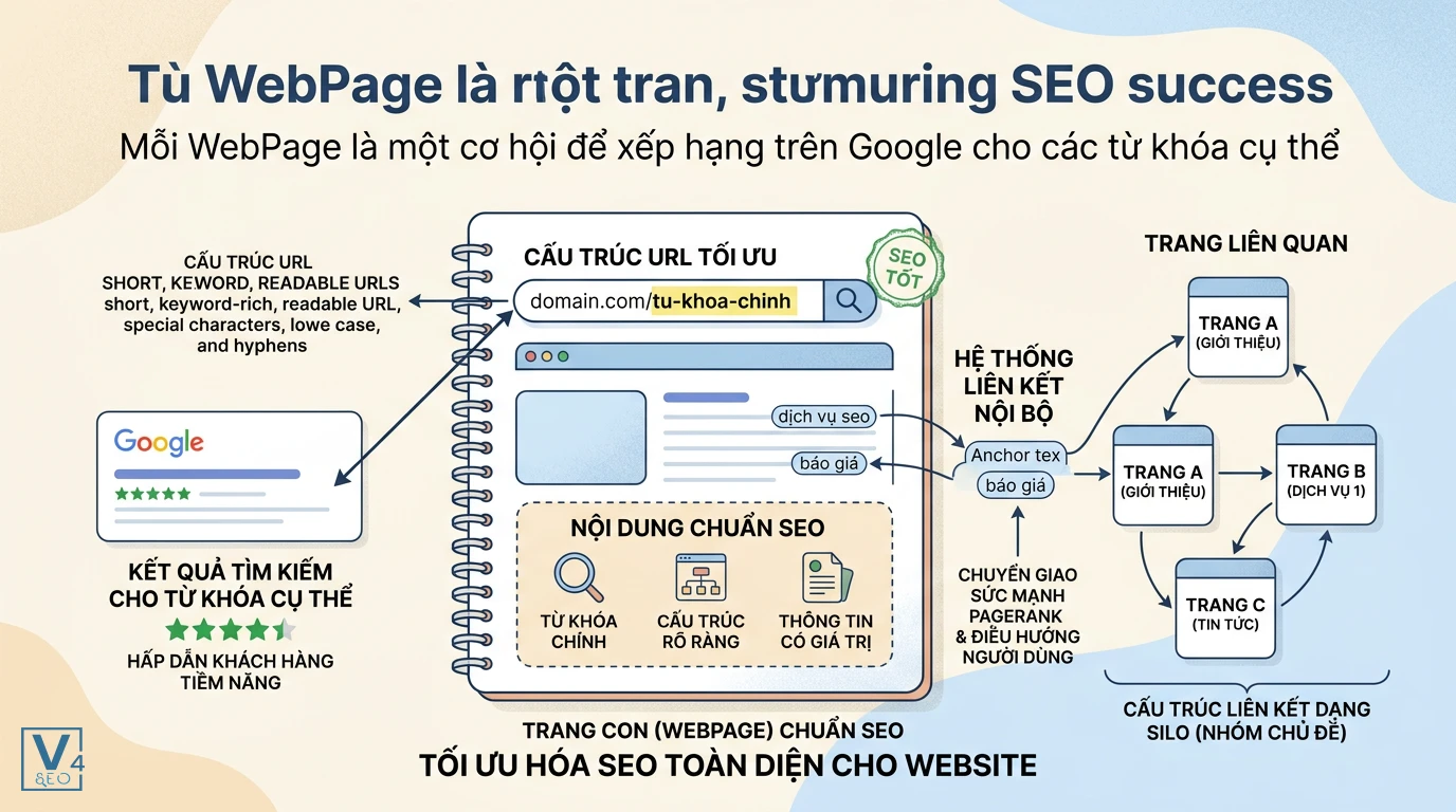 Các yếu tố tối ưu hóa WebPage cho SEO Các yếu tố tối ưu hóa WebPage chuẩn SEO gồm cấu trúc URL, nội dung chất lượng và hệ thống liên kết nội bộ dạng Silo.