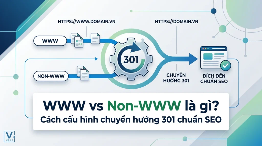Mô hình chuyển hướng 301 hợp nhất lưu lượng truy cập giữa hai phiên bản WWW và Non-WWW về một đích đến chuẩn SEO