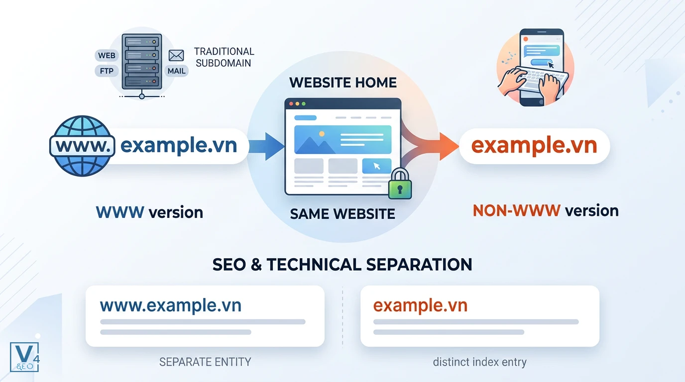 so-sanh-ten-mien-www-va-non-www Sự khác biệt giữa cấu trúc tên miền www vs non-www là gì trong kỹ thuật SEO và cách chúng trỏ về cùng một website.
