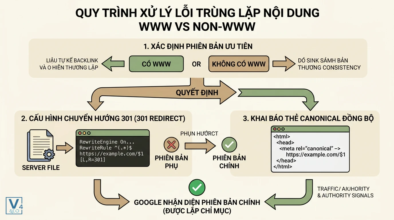 quy-trinh-xu-ly-trung-lap-www-non-www Sơ đồ 3 bước xử lý lỗi trùng lặp nội dung giữa tên miền www vs non-www bằng redirect 301 và thẻ canonical.