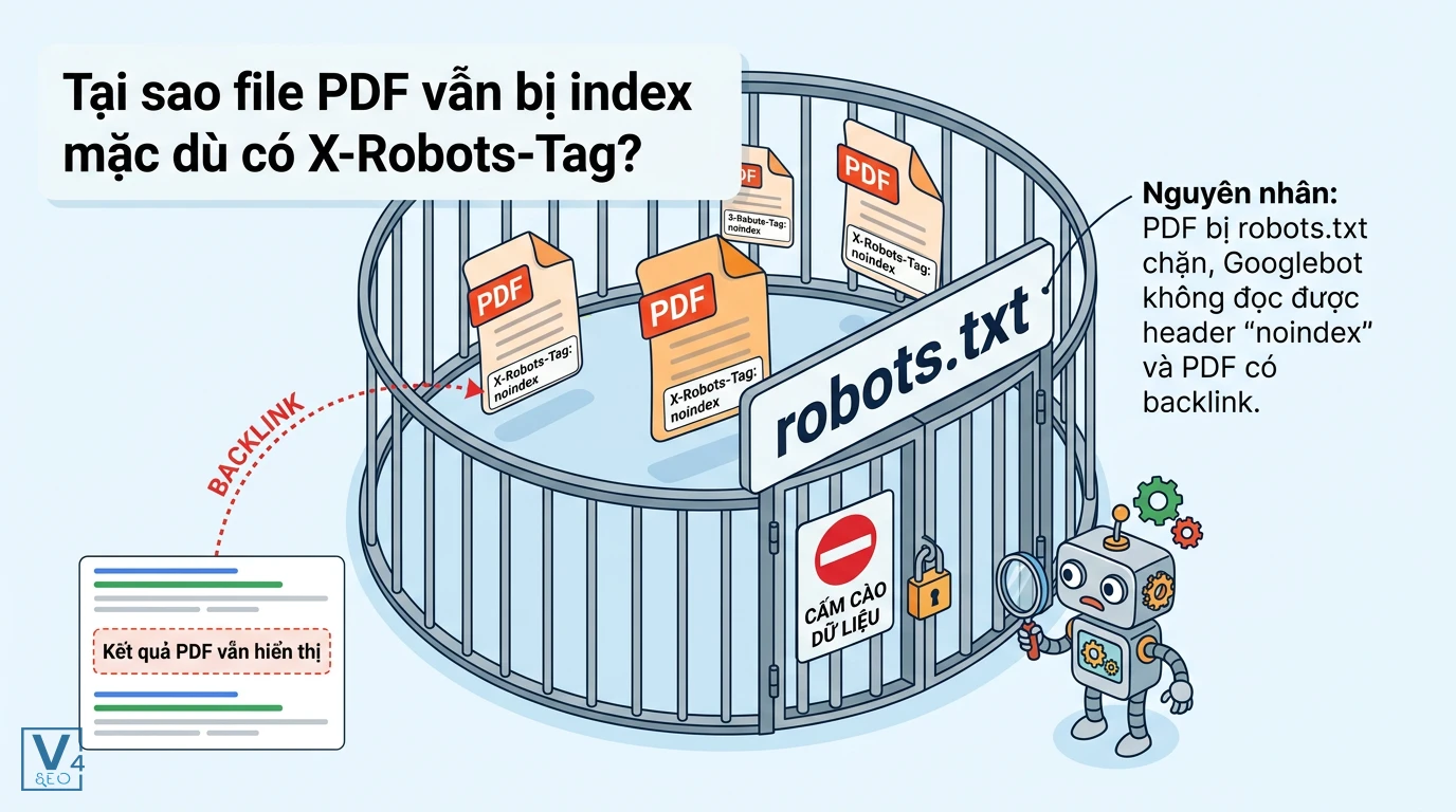 loi-index-pdf-do-robots-txt Cơ chế robots.txt chặn Googlebot đọc thẻ X-Robots-Tag noindex khiến file PDF vẫn bị index trên Google