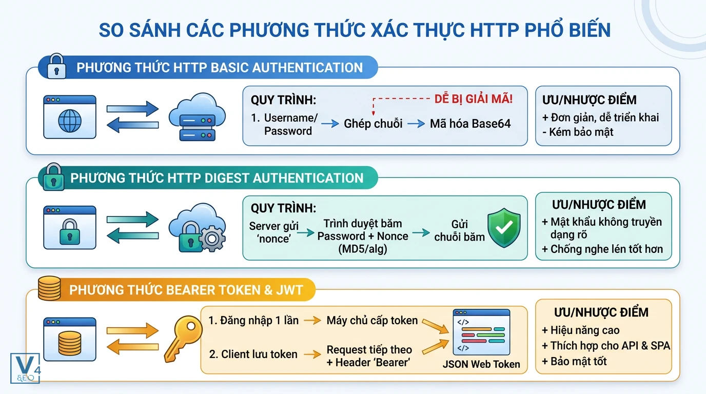 so-sanh-cac-phuong-thuc-xac-thuc-http Bảng so sánh quy trình và ưu nhược điểm của các phương thức xác thực HTTP phổ biến như Basic, Digest và Bearer Token.