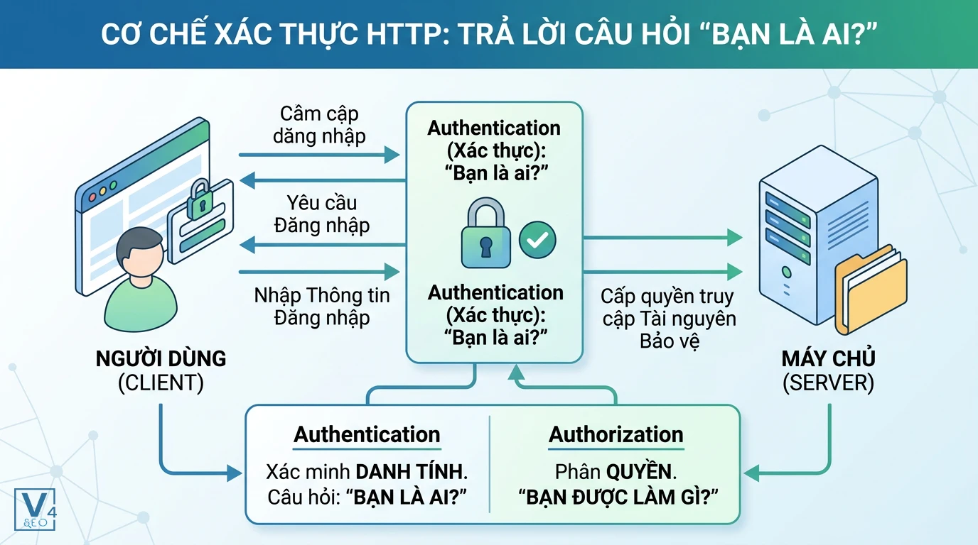 co-che-xac-thuc-http-authentication Sơ đồ giải thích cơ chế xác thực HTTP là gì qua việc xác minh danh tính người dùng trước khi máy chủ cấp quyền truy cập.