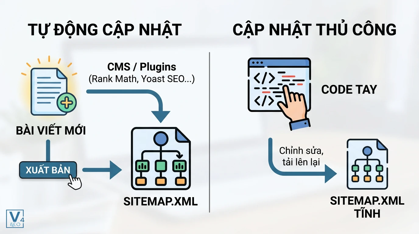 quy-trinh-cap-nhat-xml-sitemap So sánh quy trình tự động cập nhật XML sitemap qua CMS và cập nhật thủ công cho website code tay.