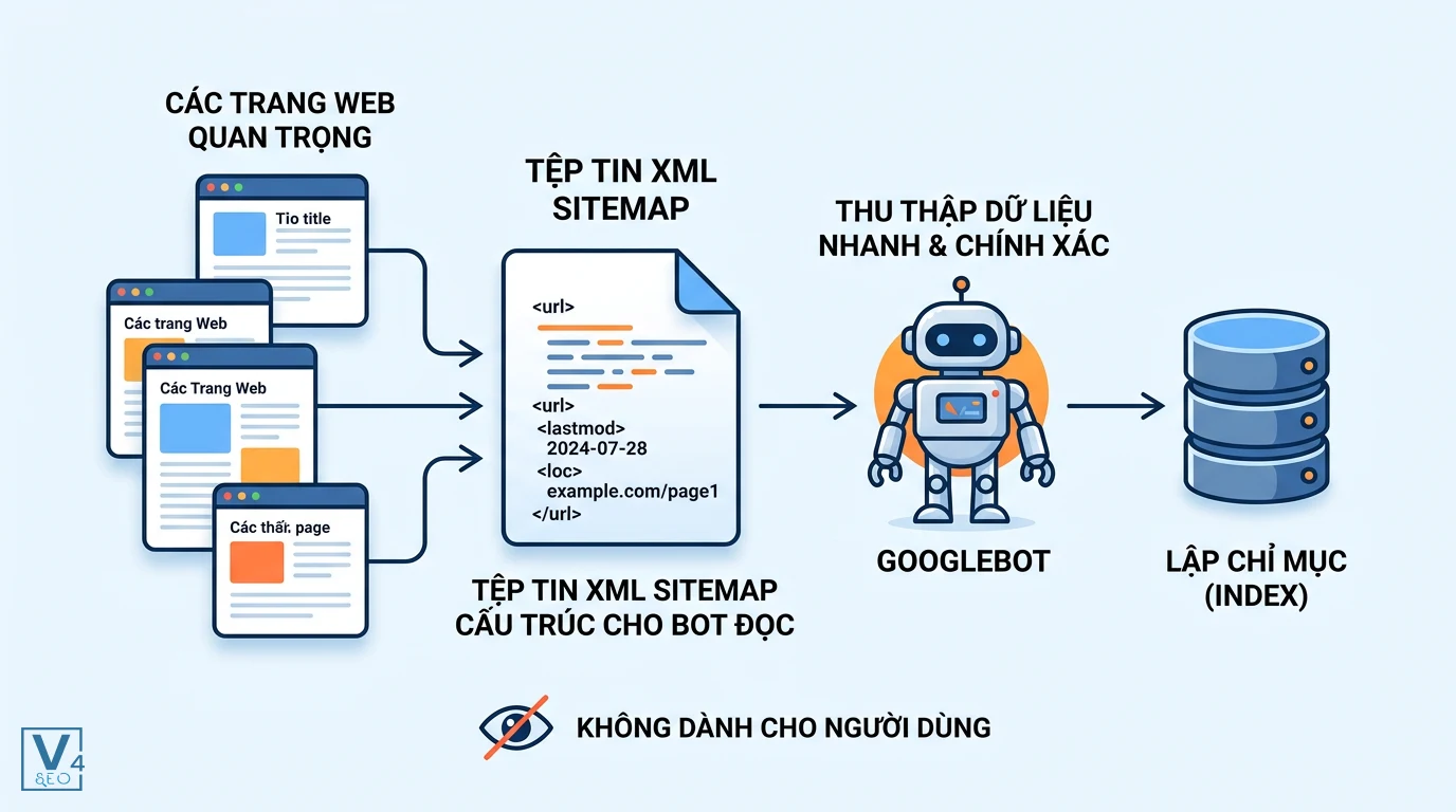 quy-trinh-hoat-dong-xml-sitemap Quy trình XML sitemap giúp Googlebot thu thập dữ liệu từ các trang web quan trọng để lập chỉ mục nhanh chóng.