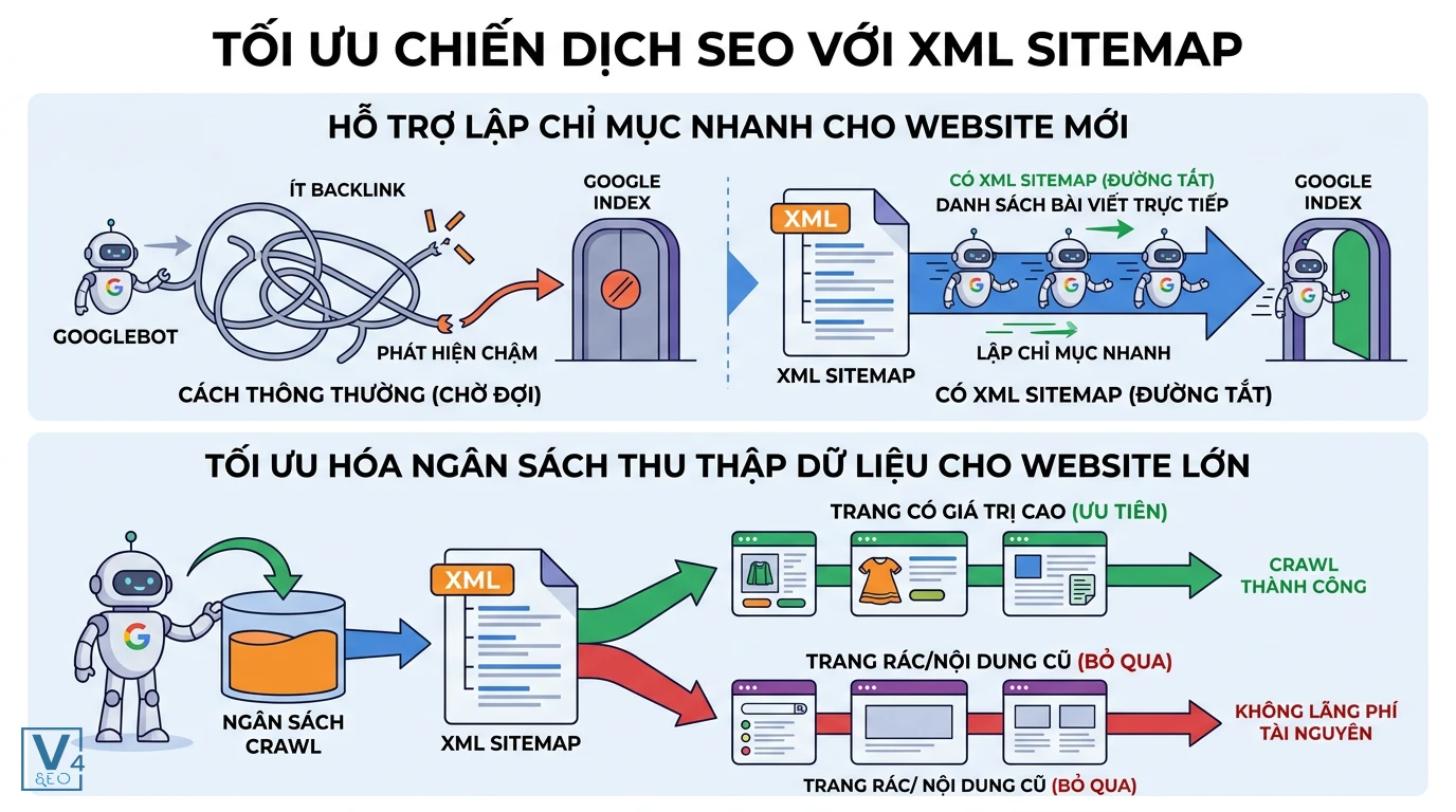 vai tro cua xml sitemap trong seo So sánh hiệu quả lập chỉ mục nhanh cho web mới và tối ưu ngân sách crawl cho web lớn nhờ XML sitemap là gì.