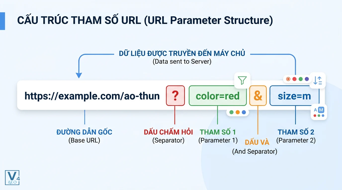 cau-truc-tham-so-url Sơ đồ phân tích cấu trúc tham số URL gồm đường dẫn gốc, dấu chấm hỏi, các tham số và dấu và liên kết.