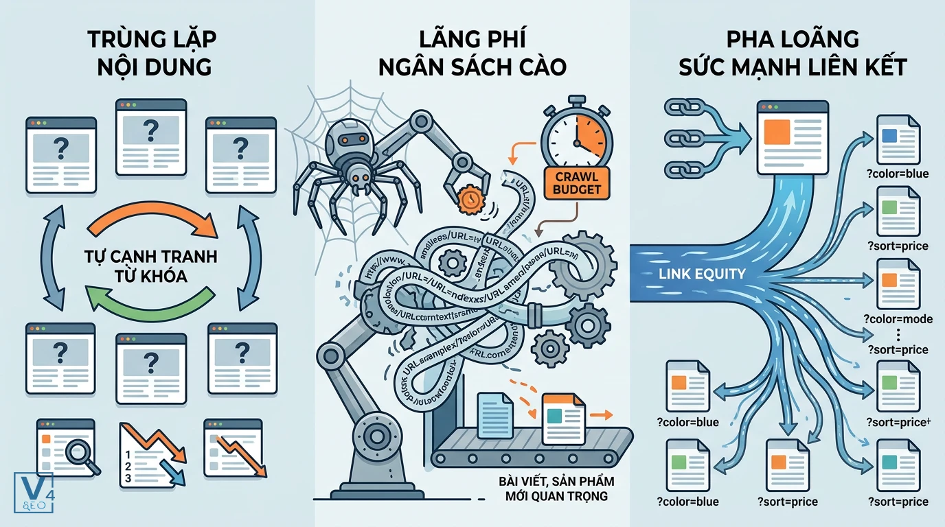 tac-hai-khong-xu-ly-tham-so-url Ba tác hại nghiêm trọng của việc không xử lý tham số URL gồm trùng lặp nội dung, lãng phí ngân sách cào và pha loãng liên kết.