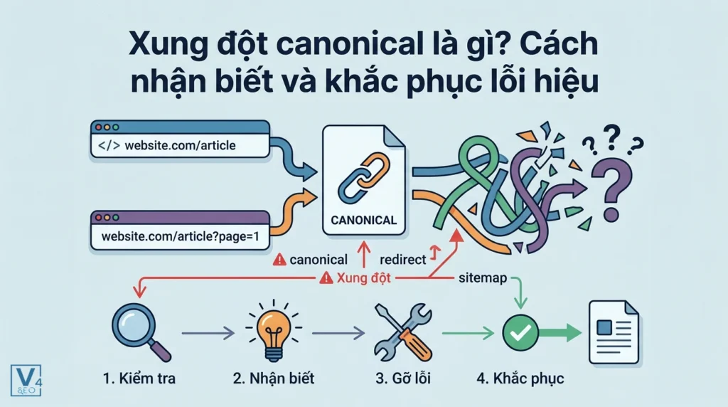 Sơ đồ minh họa xung đột canonical do mâu thuẫn tín hiệu điều hướng và quy trình 4 bước khắc phục lỗi SEO.