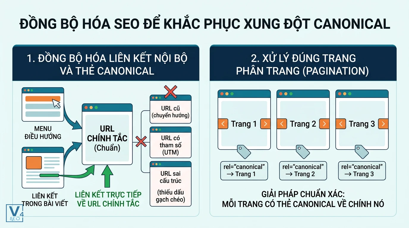 giai-phap-khac-phuc-xung-dot-canonical Sơ đồ hướng dẫn đồng bộ liên kết nội bộ và cấu hình thẻ canonical chuẩn xác cho các trang phân trang.