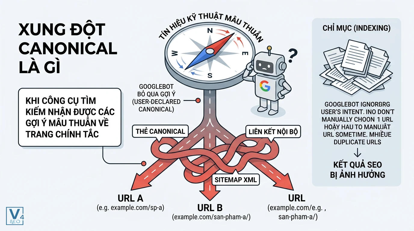 so-do-xung-dot-canonical-seo Sơ đồ giải thích xung đột canonical là gì khi Googlebot nhận các tín hiệu mâu thuẫn từ sitemap và liên kết nội bộ.
