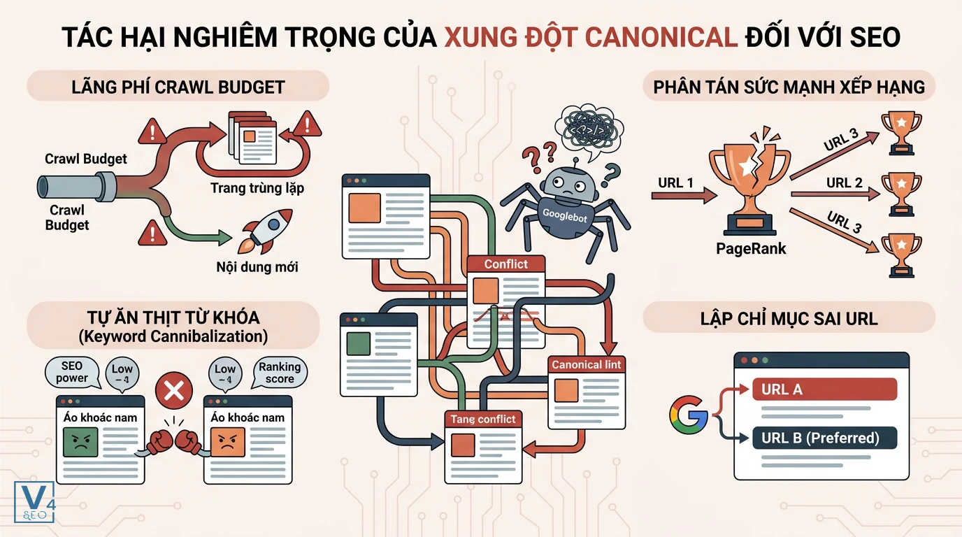 Tac hai cua xung dot canonical trong SEO Sơ đồ minh họa 4 tác hại của xung đột canonical là gì đối với hiệu suất SEO website.