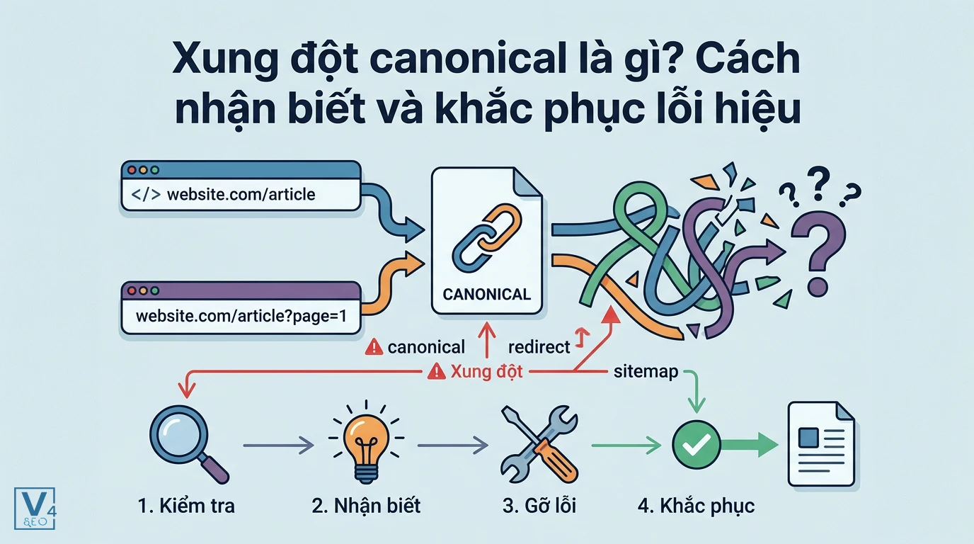Sơ đồ minh họa xung đột canonical do mâu thuẫn tín hiệu điều hướng và quy trình 4 bước khắc phục lỗi SEO.